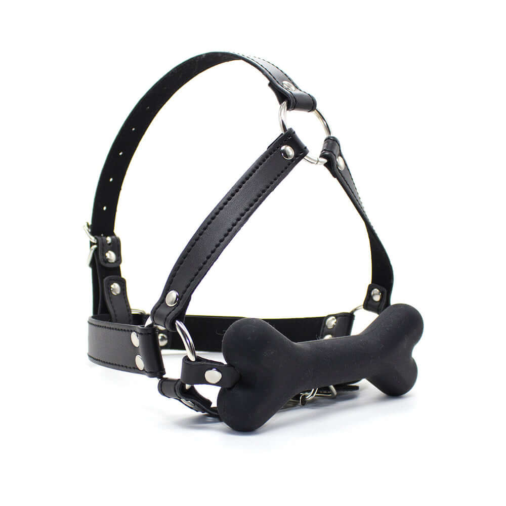 Ple'sur Face Harness Dog Bone Gag featuring a full-face harness and playful bone-shaped bit.