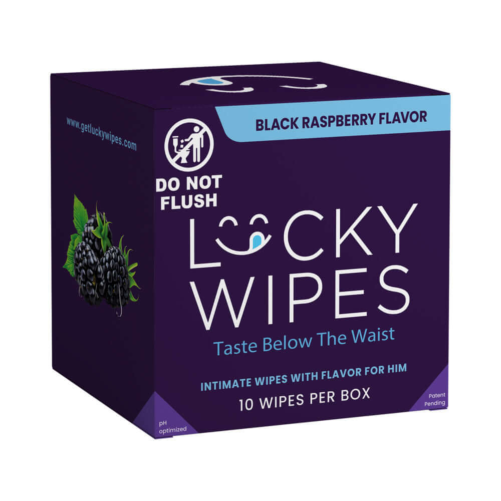 Sweetums Lucky Wipes Black Raspberry Flavor 10 Pack packaging showcasing wipes with flavor for men.