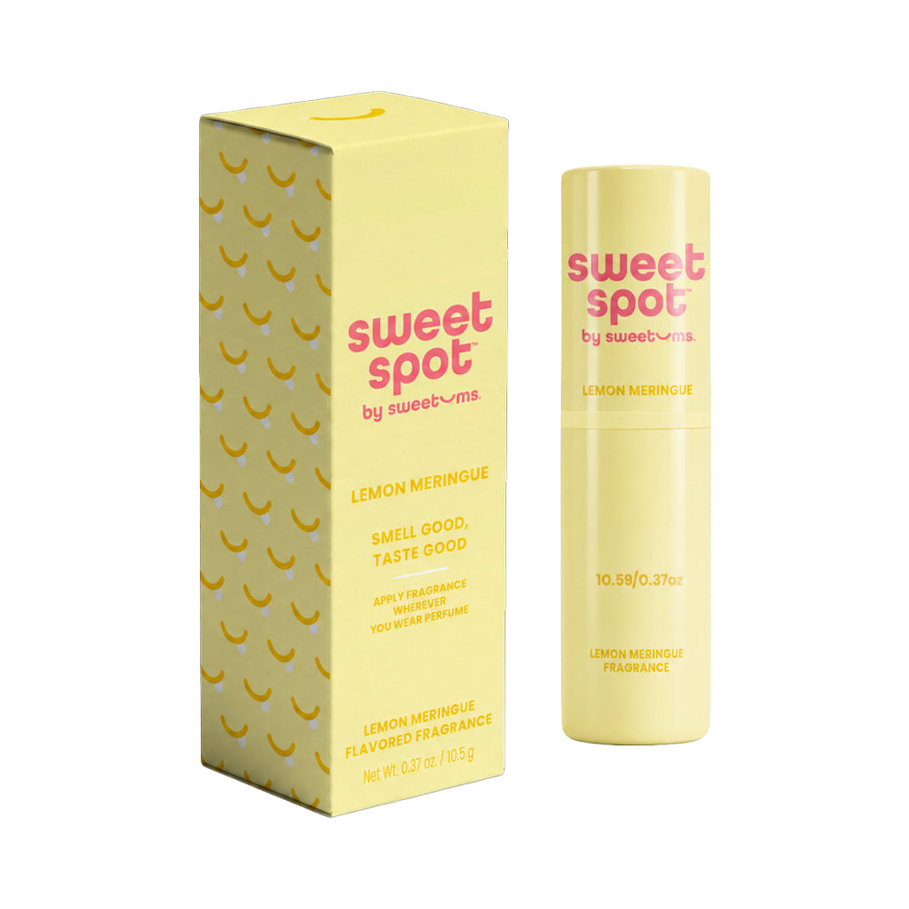 Sweetums Sweet Spot Flavored Fragrance Lemon Meringue packaging and roll-on bottle, showcasing lemon dessert scent.