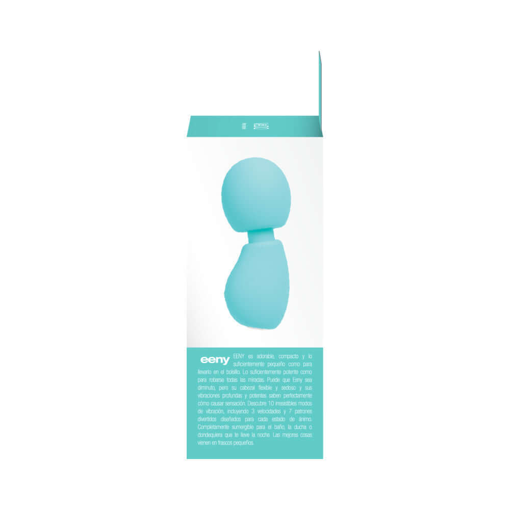Vedo Eeny Rechargeable Extra Mini Wand Turquoise packaging showcasing its compact design and features.