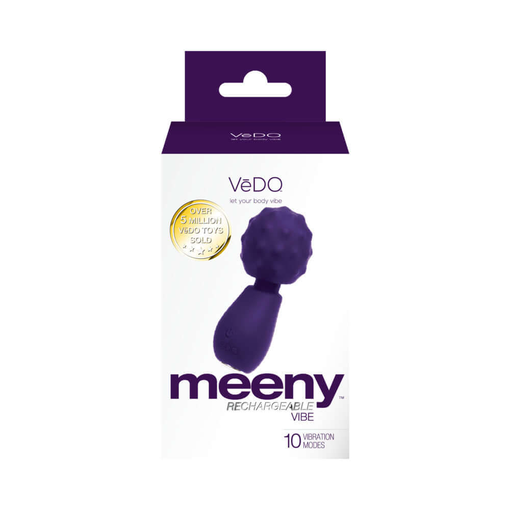 Vedo Meeny Rechargeable Extra Mini Wand Purple packaging featuring a mini massager with 10 vibration modes.