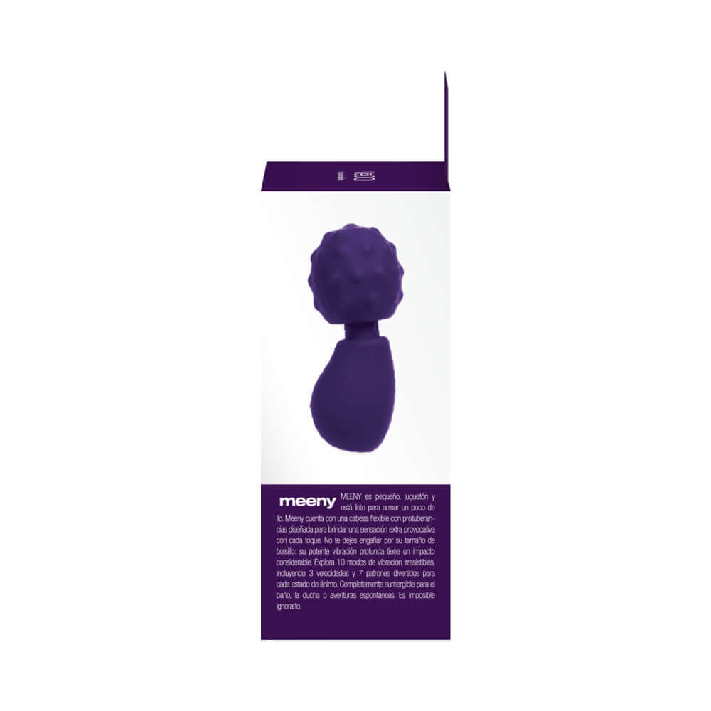 Vedo Meeny Rechargeable Extra Mini Wand Purple with flexible head and 10 vibration settings for travel and personal use.