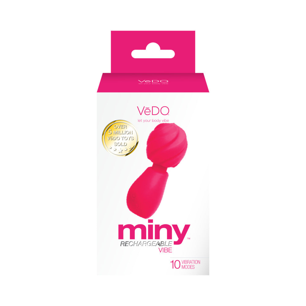 Vedo Miny Rechargeable Extra Mini Wand Pink packaging showcasing 10 vibration modes.