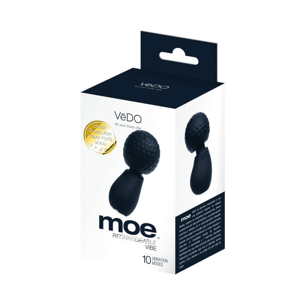 Vedo Moe Rechargeable Extra Mini Wand Black packaging with rounded head for on-the-go pleasure and 10 vibration modes.