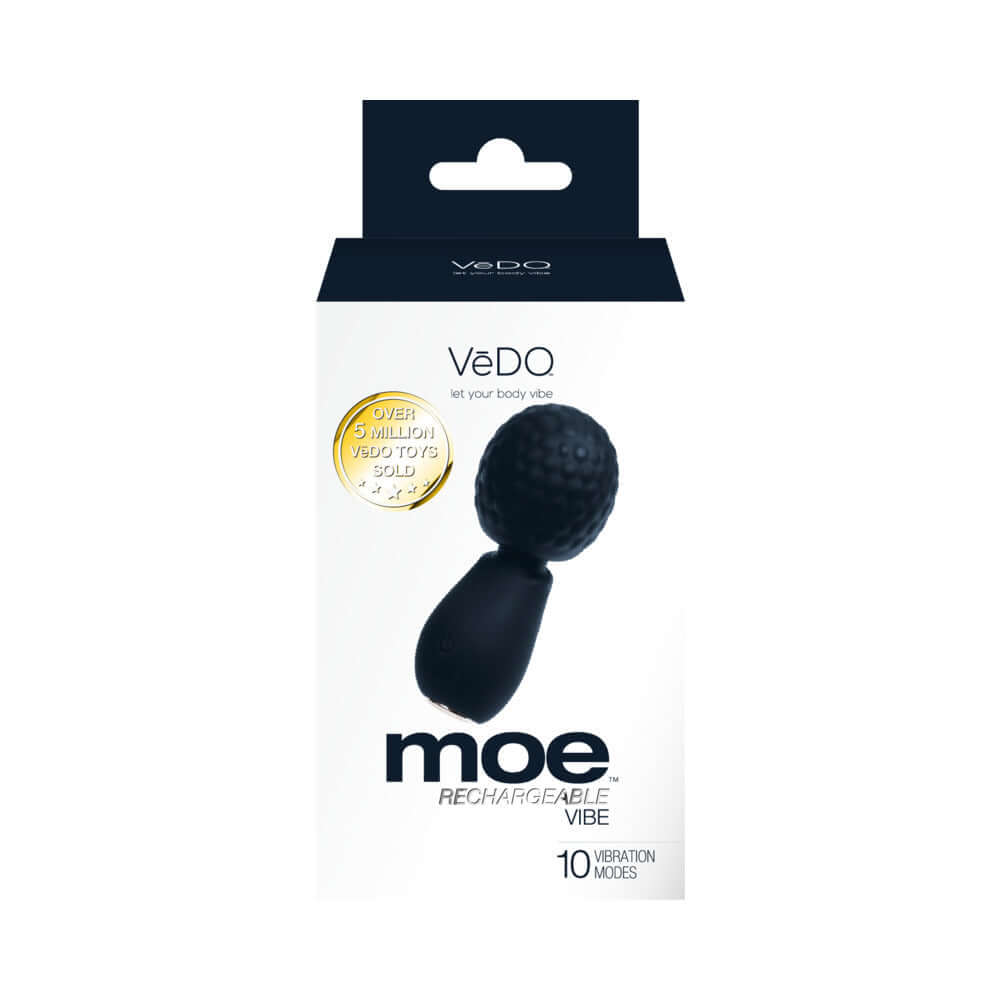 Vedo Moe Rechargeable Extra Mini Wand Black packaging showcasing the compact massager with multiple vibration modes.