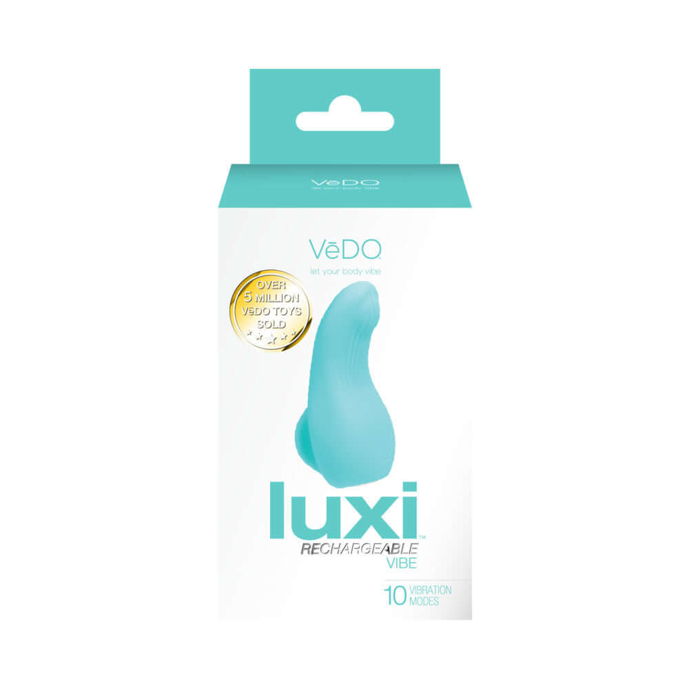 Vedo Luxi Rechargeable Clitoral Finger Vibe Turquoise packaging showcasing the product with 10 vibration modes.