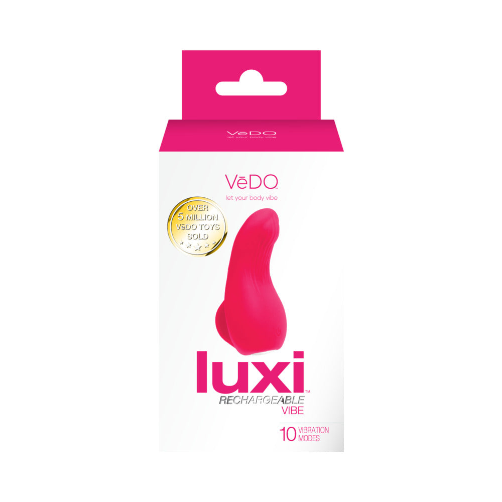 Vedo Luxi Rechargeable Clitoral Finger Vibe Pink packaging showcasing its features and design.
