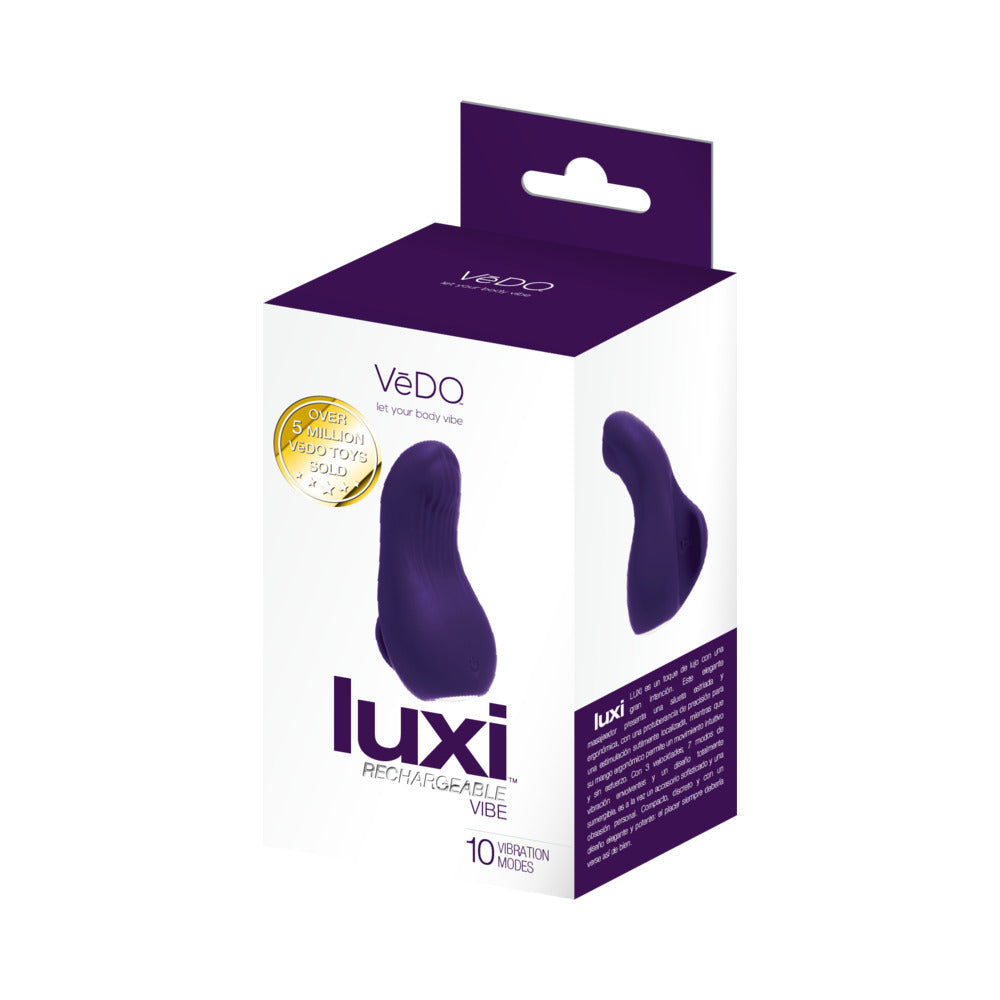 Vedo Luxi Rechargeable Clitoral Finger Vibe Purple packaging with product details and features.