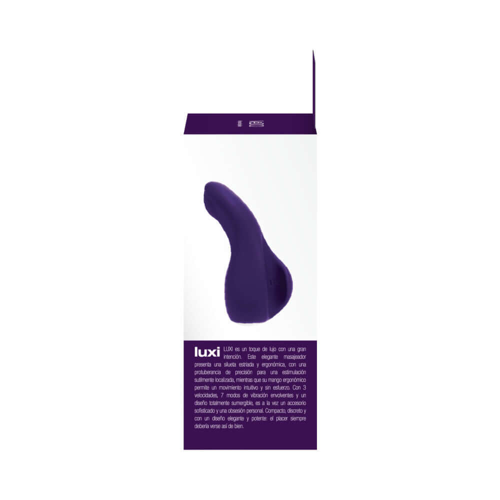 Vedo Luxi Rechargeable Clitoral Finger Vibe Purple displayed on packaging for enhanced stimulation and pleasure.