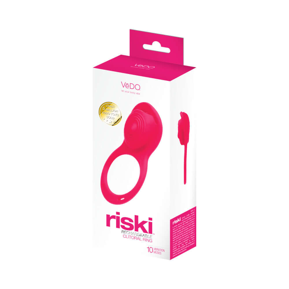 Vedo Riski Rechargeable Clitoral Vibe For Couples Pink packaging featuring sleek design and 10 vibration modes.