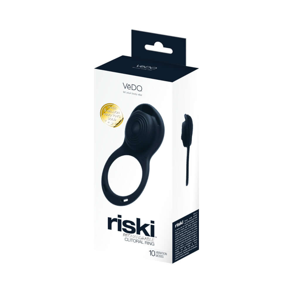 Vedo Riski Rechargeable Clitoral Vibe For Couples Black packaging with vibration modes and sleek design.