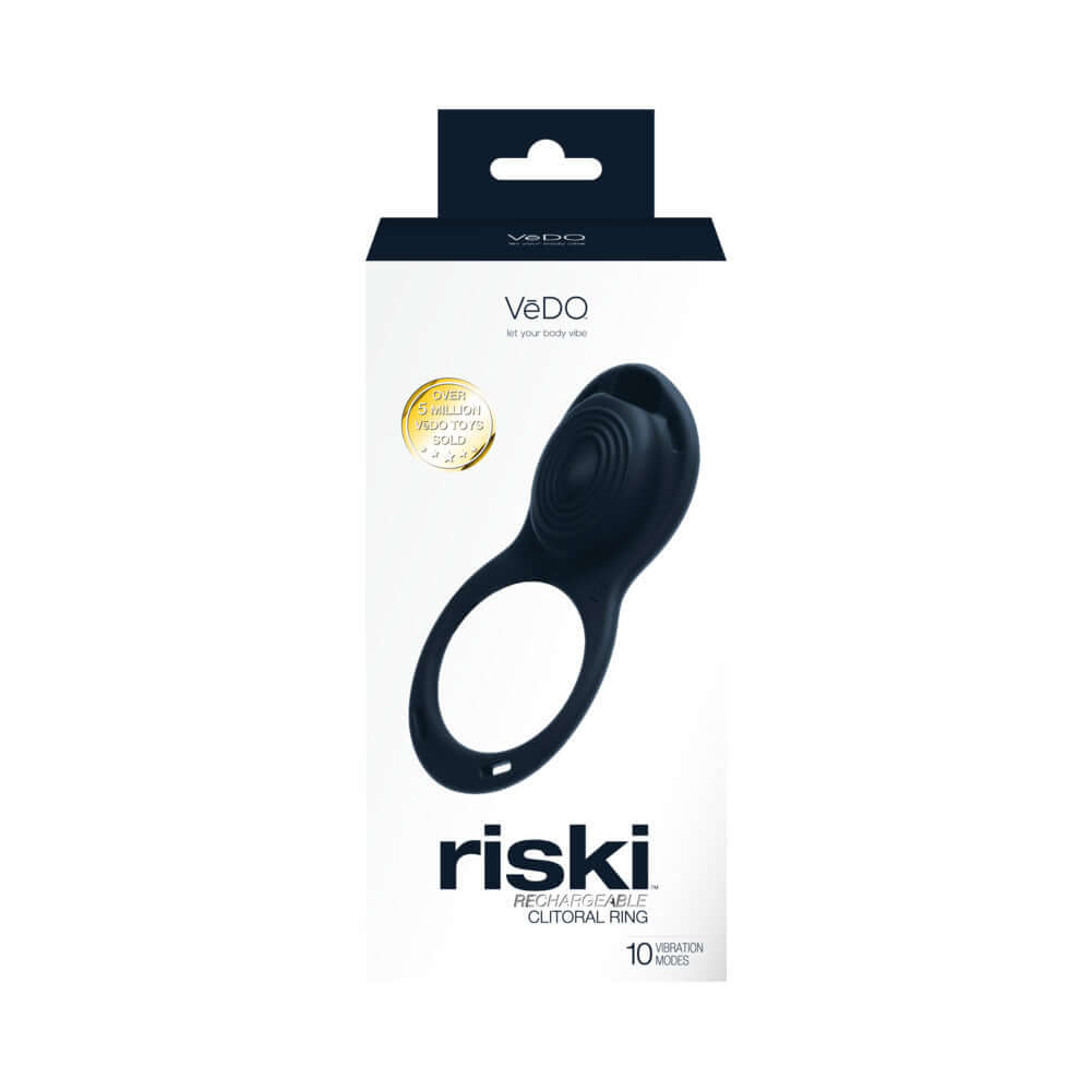 Vedo Riski Rechargeable Clitoral Vibe For Couples Black packaging featuring 10 vibration modes for enhanced intimacy.