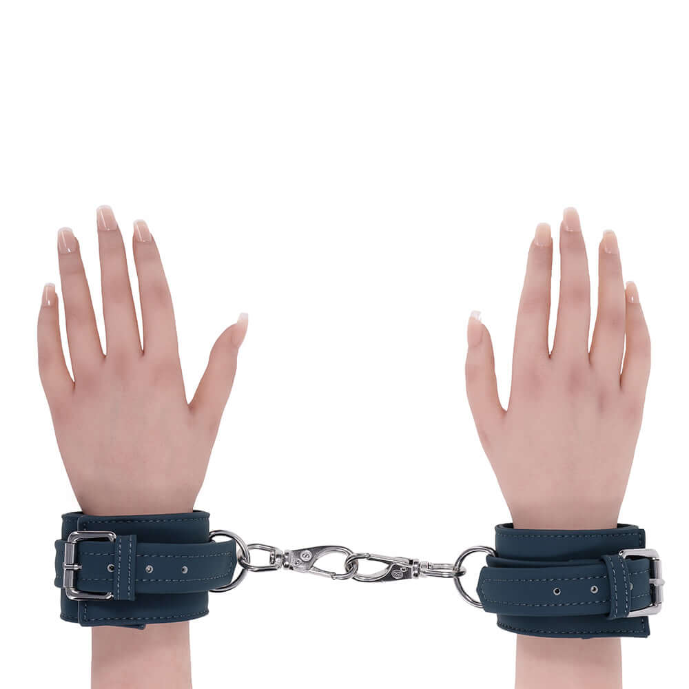 Sportsheets Signature Twilight Tease Handcuffs with sleek design and silver hardware, showcasing comfort and style.
