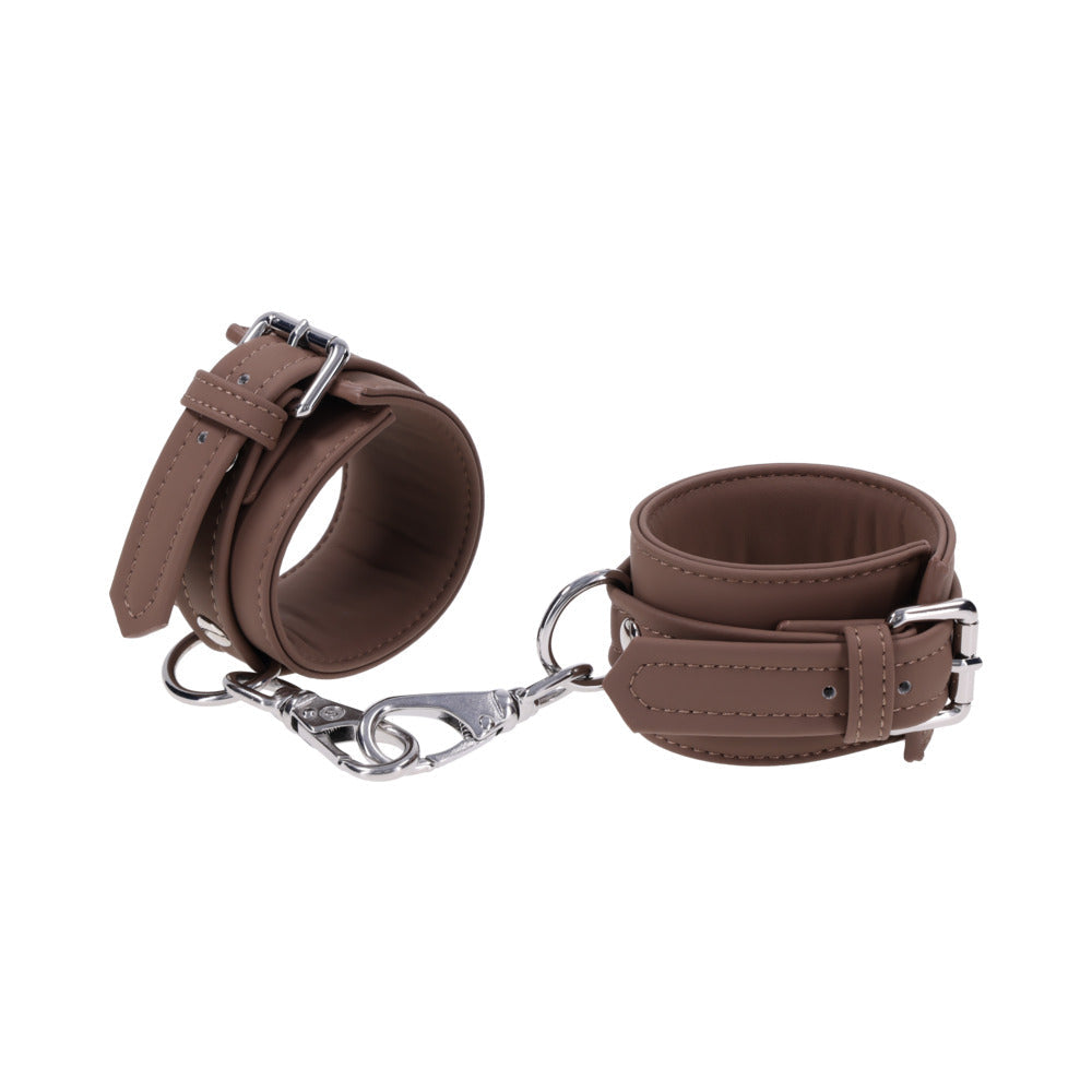 Sportsheets Signature Dawn Dream Handcuffs featuring soft silicone and silver hardware for luxurious comfort.