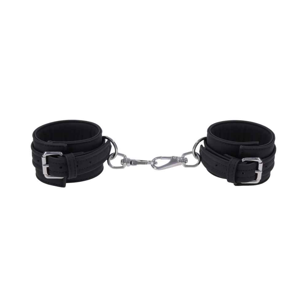Sportsheets Signature Midnight Muse Ankle Cuffs in black with silver-tone hardware for stylish restraint play.