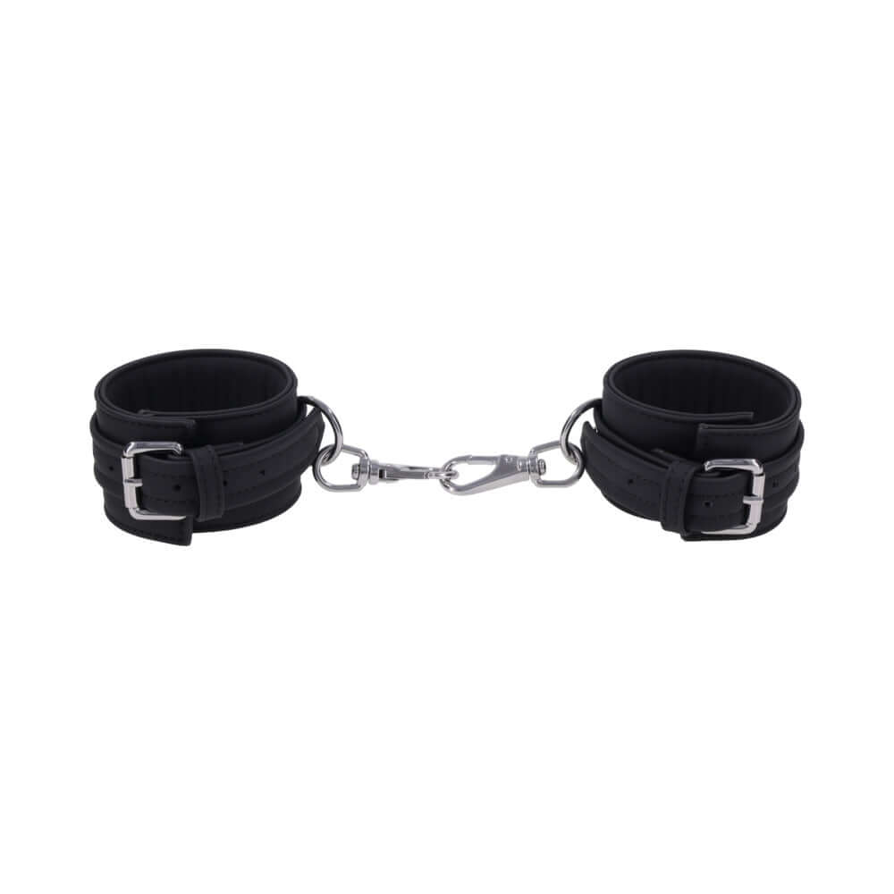 Sportsheets Signature Midnight Muse Ankle Cuffs in black with silver-tone hardware for stylish restraint play.