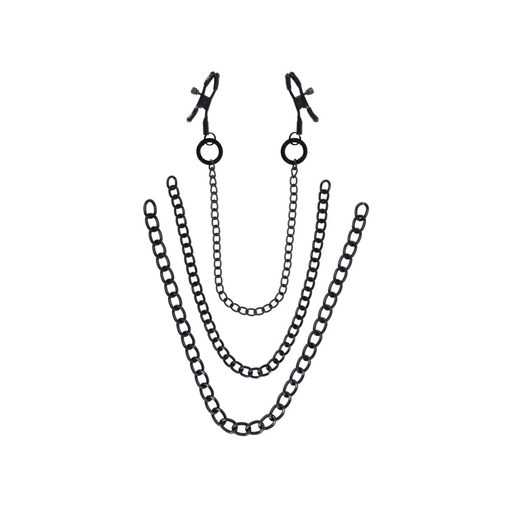 Sportsheets Signature Midnight Muse Nipple Jewelry with black metal adjustable clamps and three detachable chains.