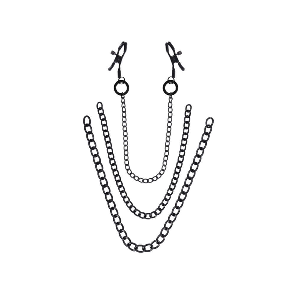 Sportsheets Signature Midnight Muse Nipple Jewelry with black metal adjustable clamps and three detachable chains.