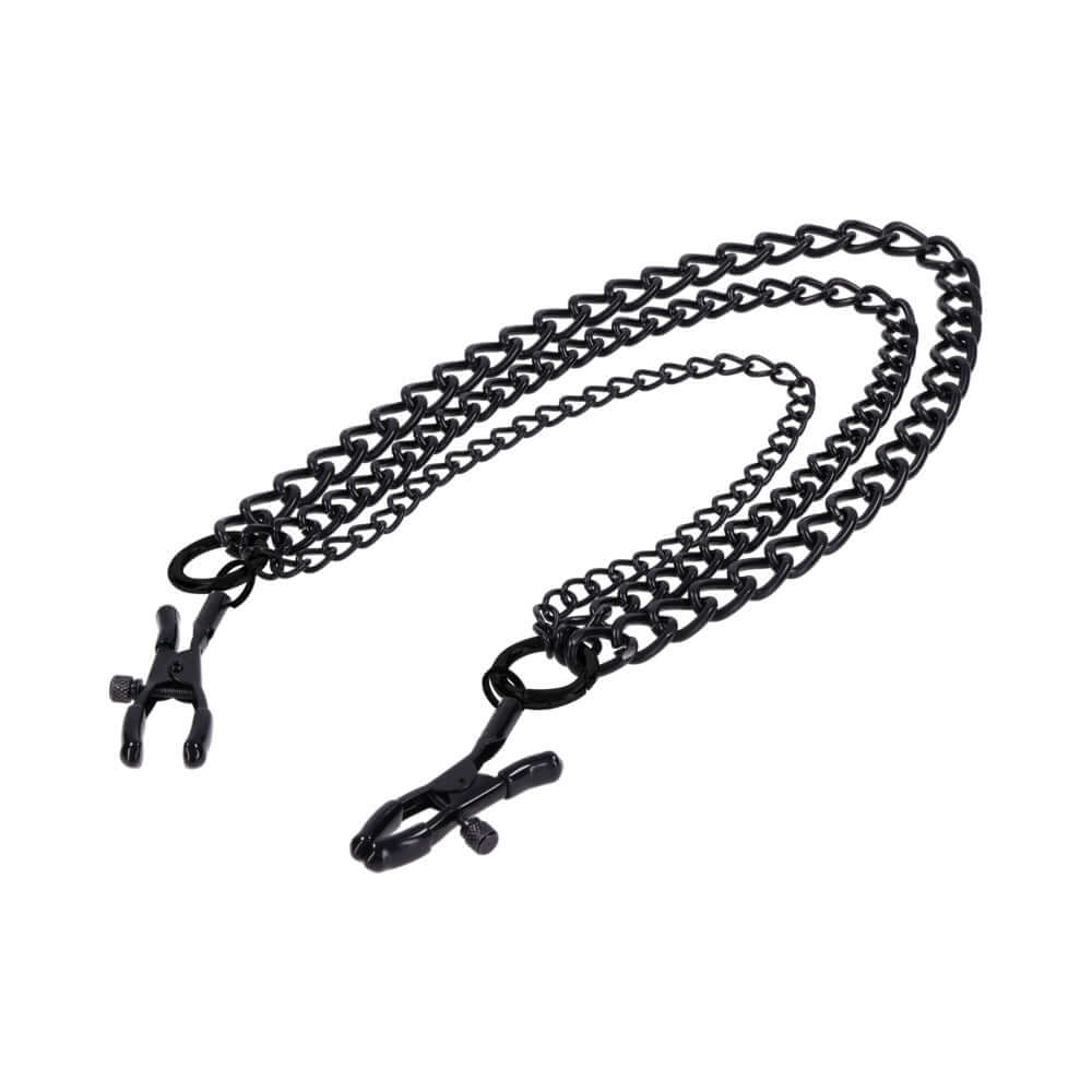 Sportsheets Signature Midnight Muse Nipple Jewelry featuring adjustable clamps and detachable chains in black metal.