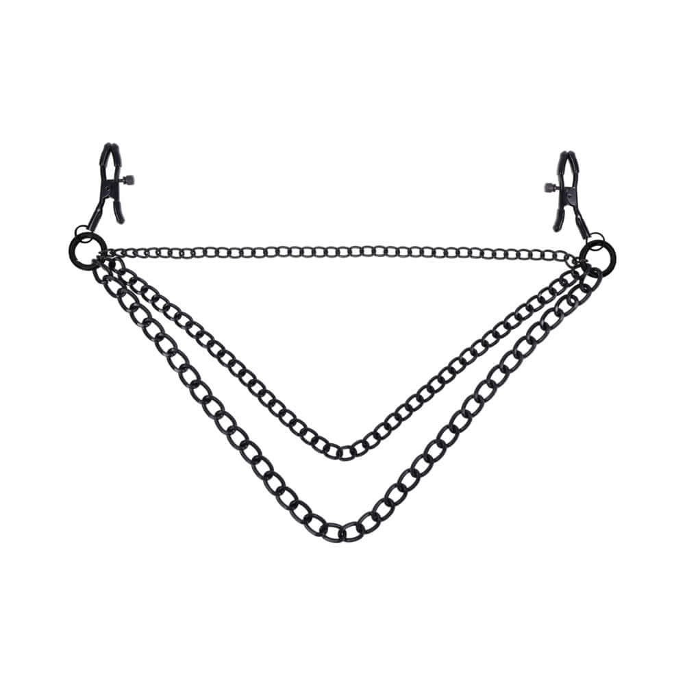 Sportsheets Signature Midnight Muse Nipple Jewelry featuring adjustable clamps and detachable chains in black metal.