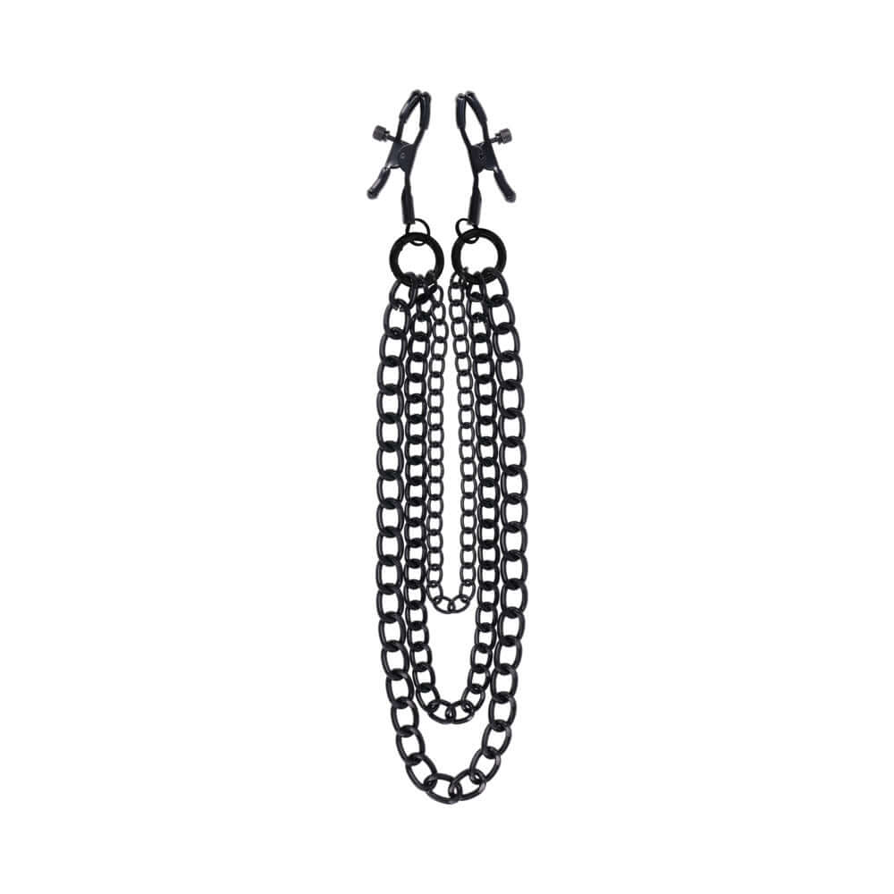Sportsheets Signature Midnight Muse Nipple Jewelry with adjustable clamps and detachable chains in black metal.