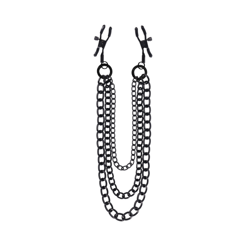 Sportsheets Signature Midnight Muse Nipple Jewelry with adjustable clamps and detachable chains in black metal.