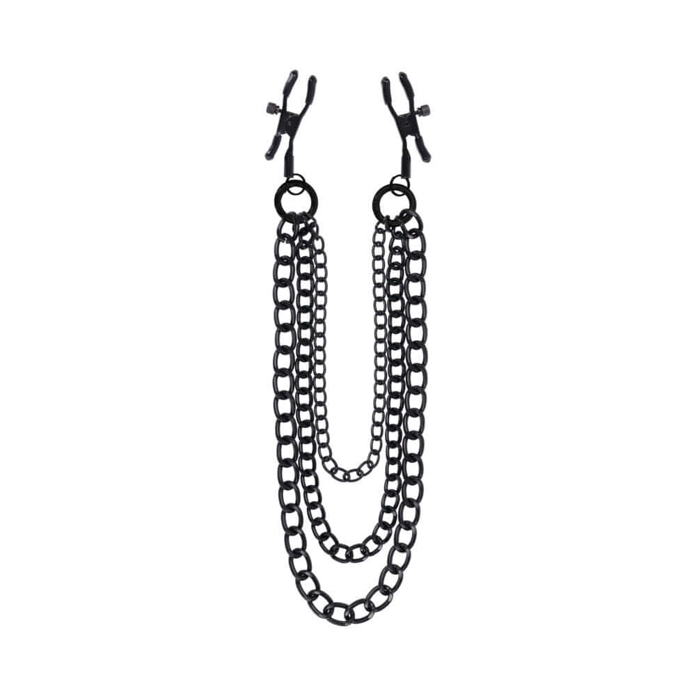 Sportsheets Signature Midnight Muse Nipple Jewelry with adjustable clamps and detachable chains in black metal.