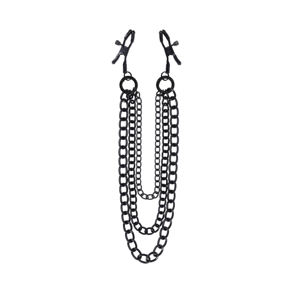 Sportsheets Signature Midnight Muse Nipple Jewelry featuring adjustable clamps and detachable chains in black metal.