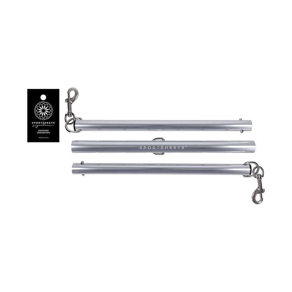 Sportsheets Signature Adjustable Spreader Bar shown with three integrated D-rings for customizable restraint.