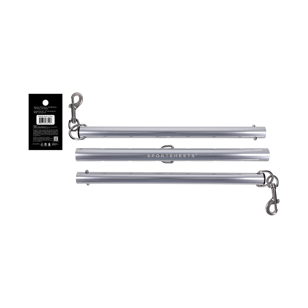 Sportsheets Signature Adjustable Spreader Bar with integrated D-rings and clasps for customizable restraint.