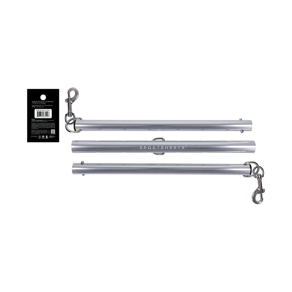 Sportsheets Signature Adjustable Spreader Bar with integrated D-rings and clasps for customizable restraint.