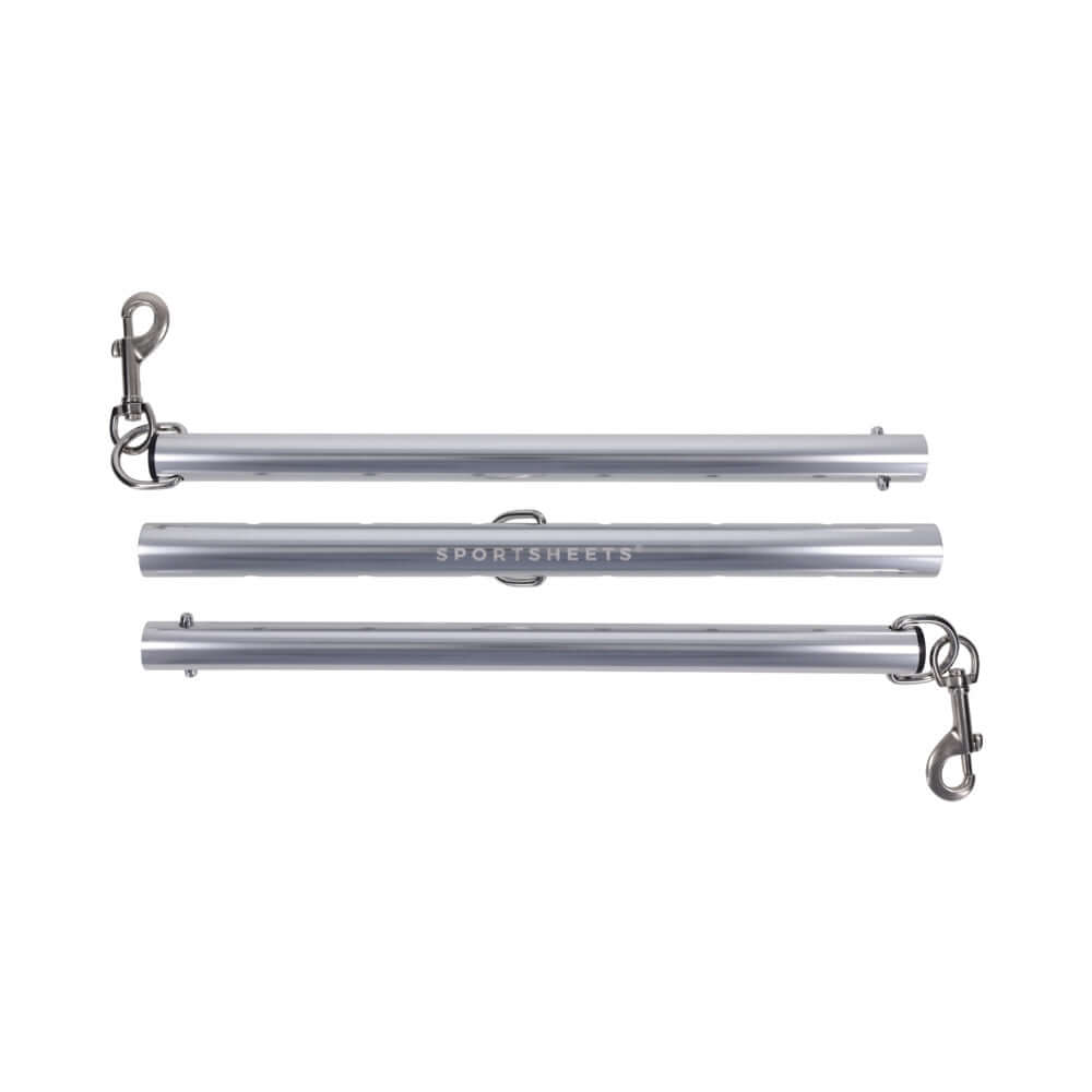 Sportsheets Signature Adjustable Spreader Bar, lightweight all-metal restraint accessory with adjustable length and integrated D-rings.