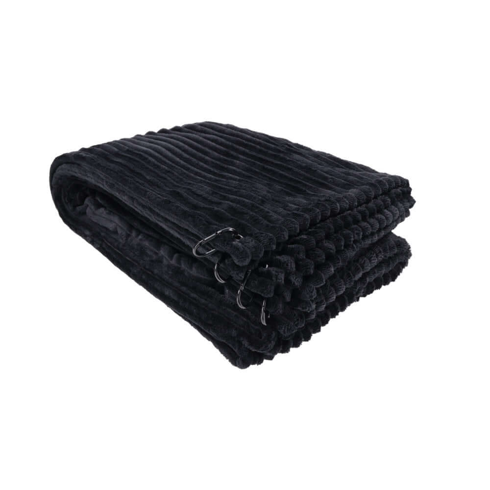 Sportsheets Signature Waterproof Blanket folded and ready for use, showcasing its soft ribbed texture and grommets.
