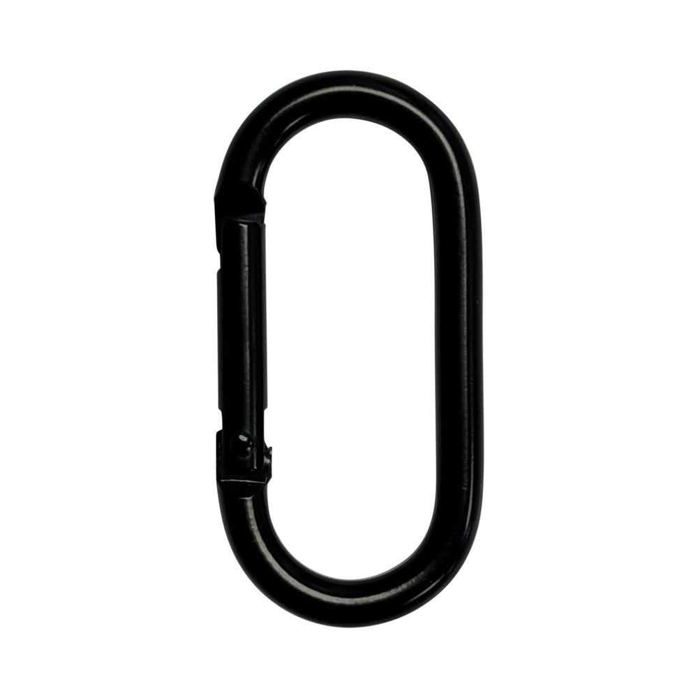 Black metal carabiner clip for secure fastening and versatility in various activities.