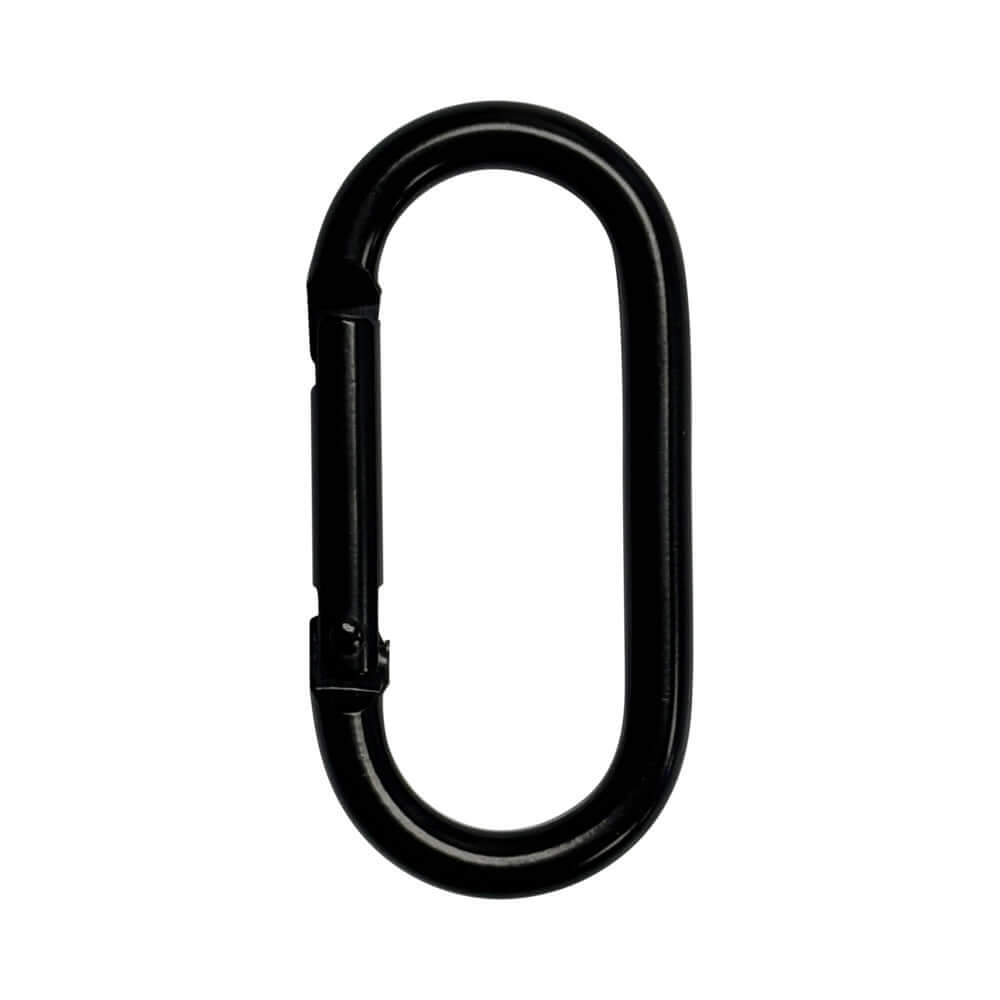 Black metal carabiner clip for secure fastening and versatility in various activities.