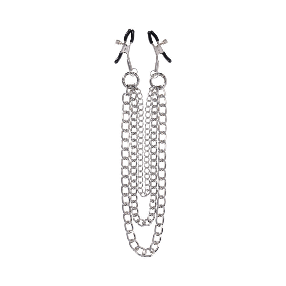 Sportsheets Signature Exchangeable Nipple Jewelry Silver with adjustable clamps and detachable chains in silver metal.