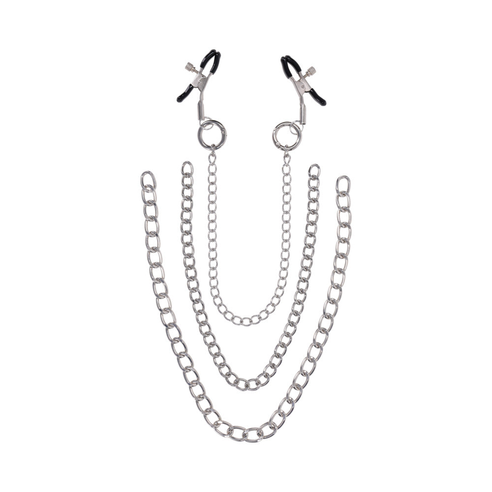 Sportsheets Signature Exchangeable Nipple Jewelry Silver with adjustable clamps and detachable chains displayed.