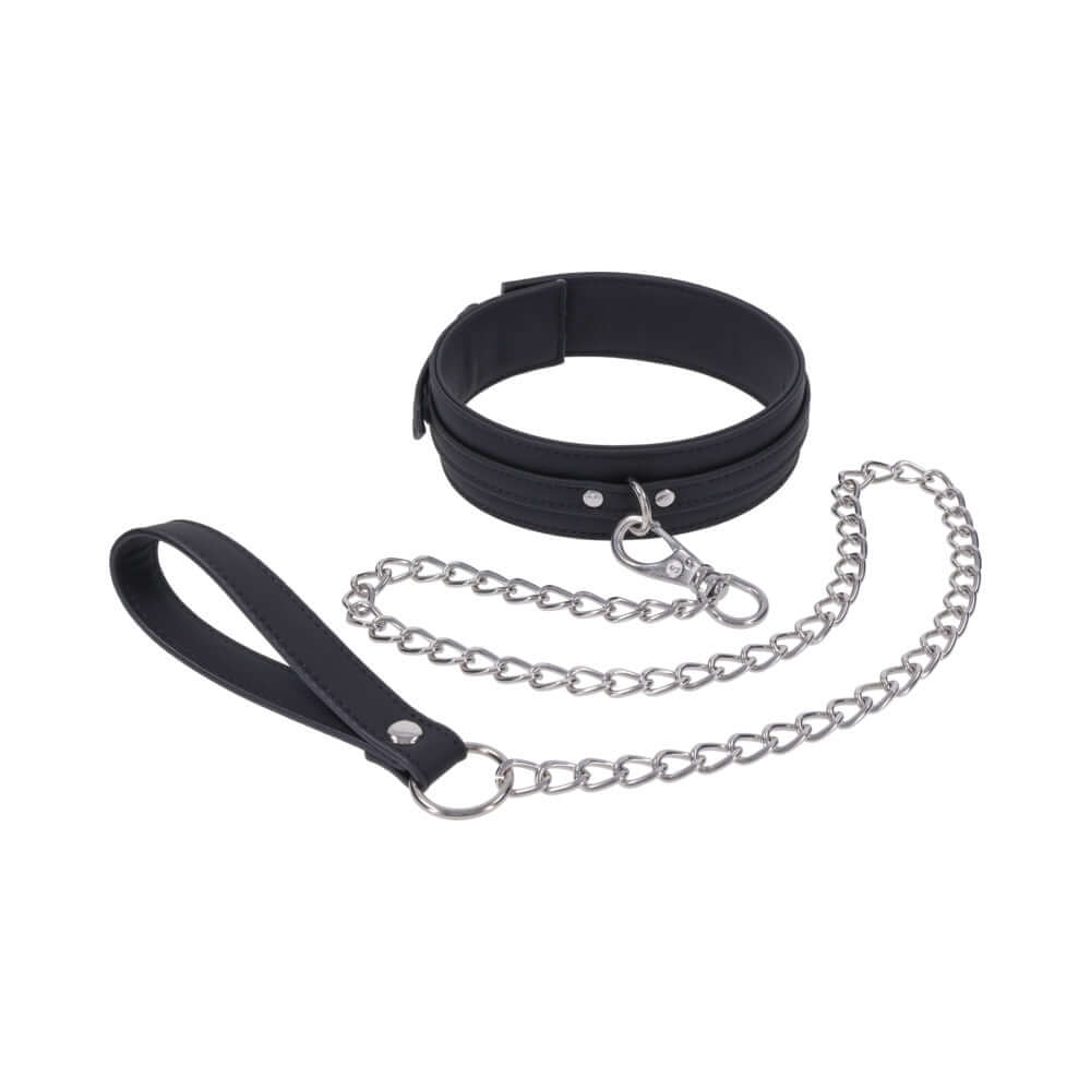 Sportsheets Signature Midnight Muse Collar & Leash with black silicone collar and detachable chain leash.