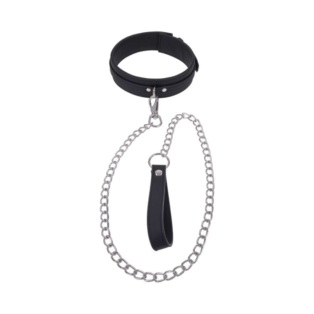 Sportsheets Signature Midnight Muse Collar & Leash featuring a sleek design with silver hardware and detachable chain.