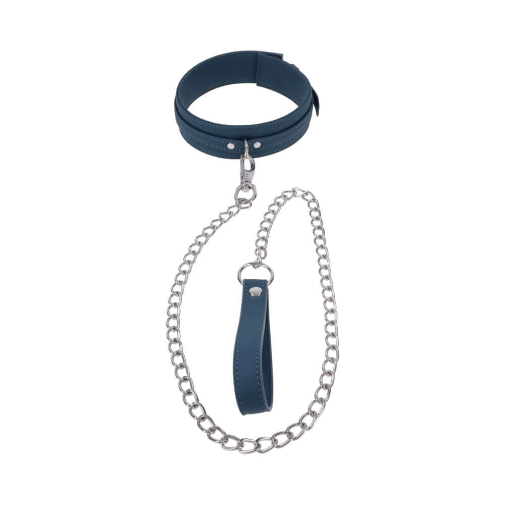 Sportsheets Signature Twilight Tease Collar & Leash featuring a stylish blue collar and silver chain leash.