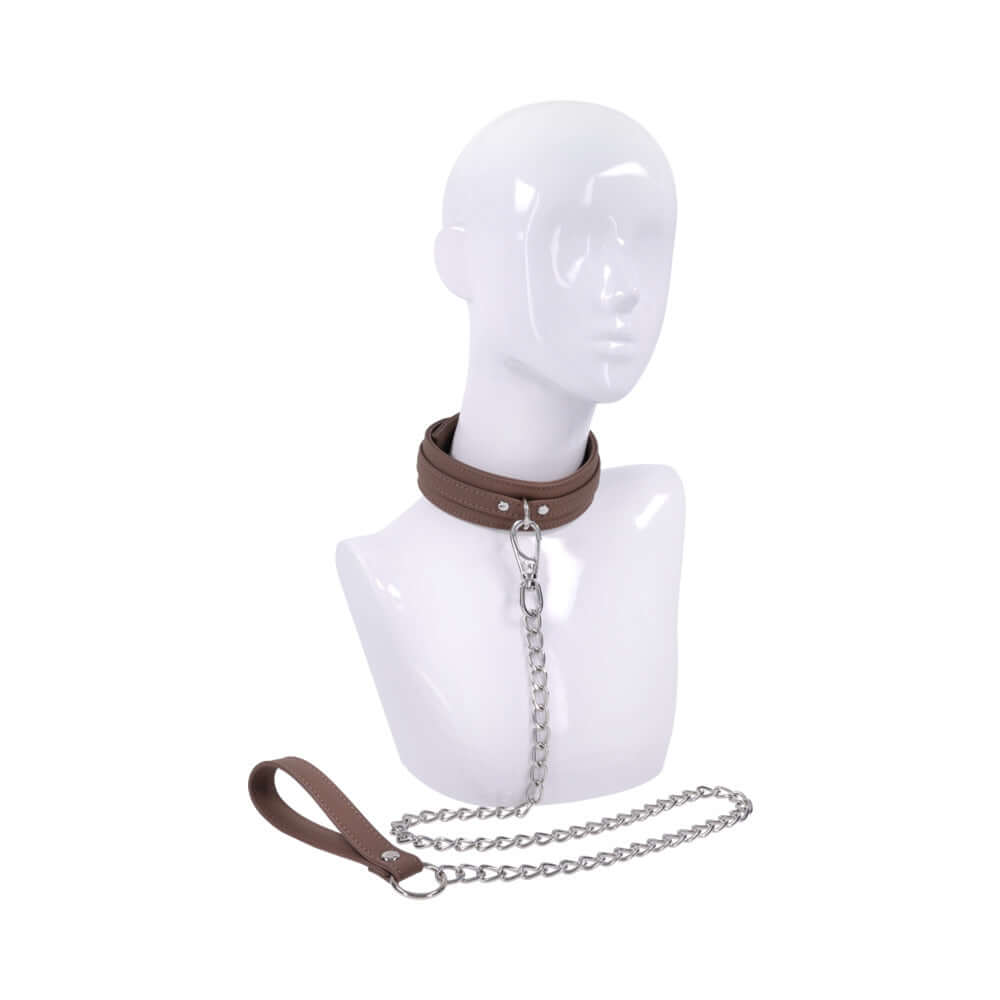 Sportsheets Signature Dawn Dream Collar & Leash displayed on a mannequin showcasing soft silicone and silver hardware.