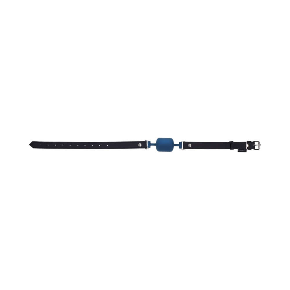 Sportsheets Signature Twilight Tease Barrel Gag featuring a blue barrel mouthpiece on a black strap.
