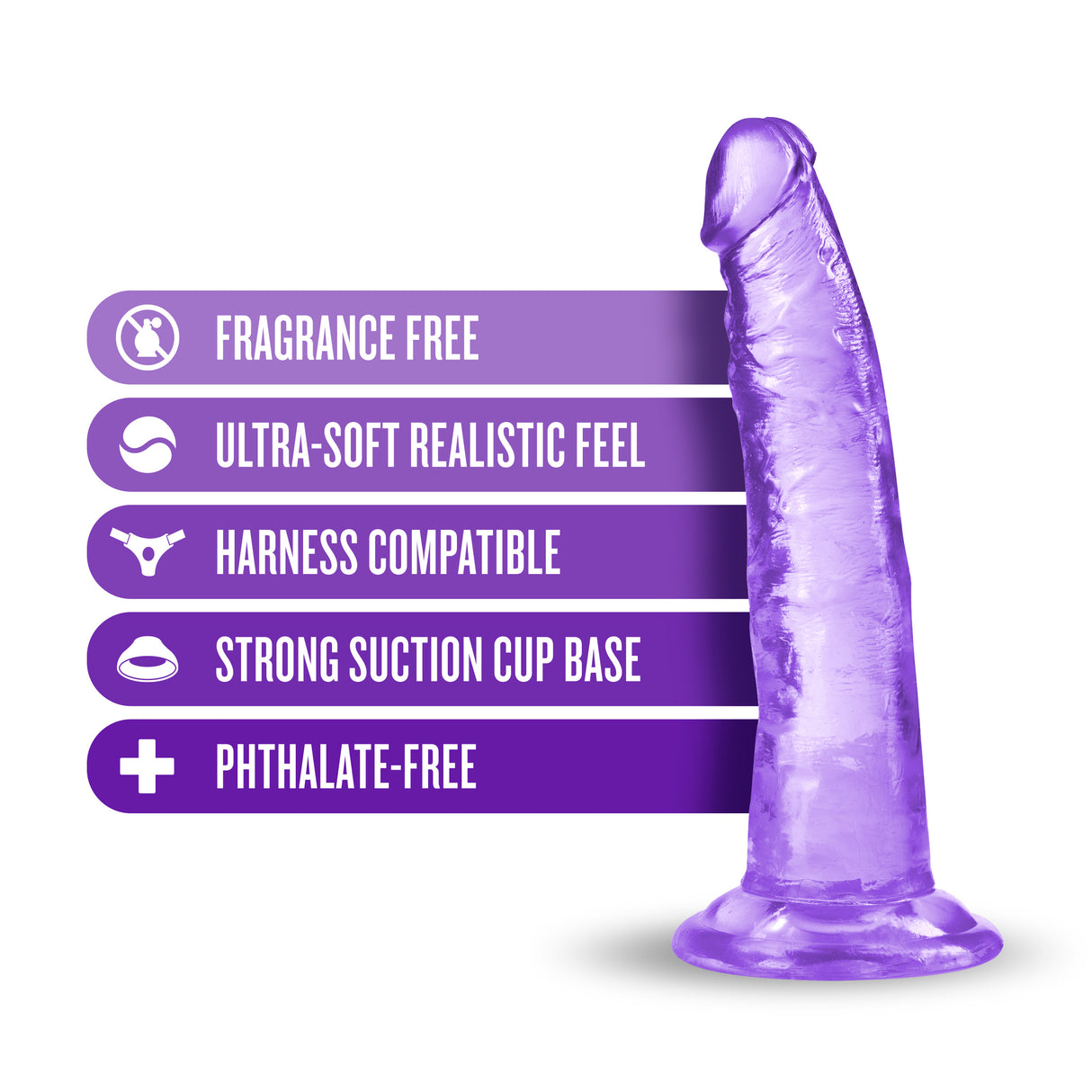 B Yours Plus Lust N Thrust 7 inch Dildo Purple features, including fragrance-free, ultra-soft feel, and strong suction cup base.