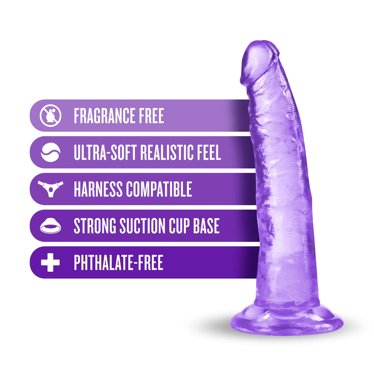 B Yours Plus Lust N Thrust 7 inch Dildo Purple features, including fragrance-free, ultra-soft feel, and strong suction cup base.