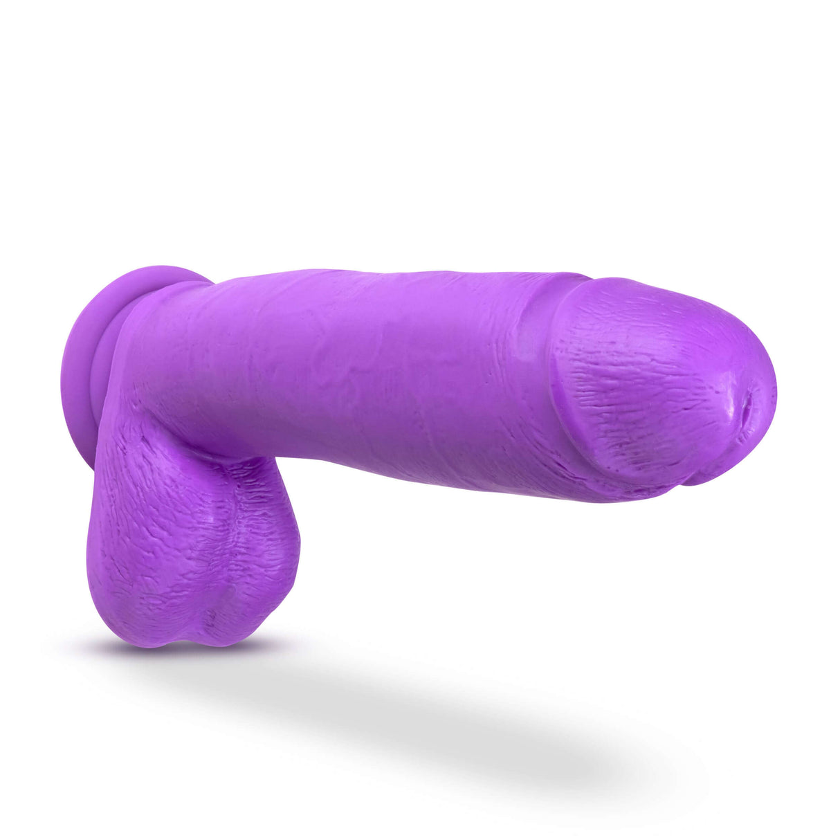 Neo Elite 10 Inch Silicone Dual Density Cock with Balls Purple displayed at an angle, showcasing its realistic texture and design.