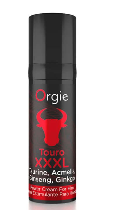 Orgie Touro Xxxl Power Cream for Him 15 ml with Acmella, Ginseng, and Ginkgo for enhanced performance.