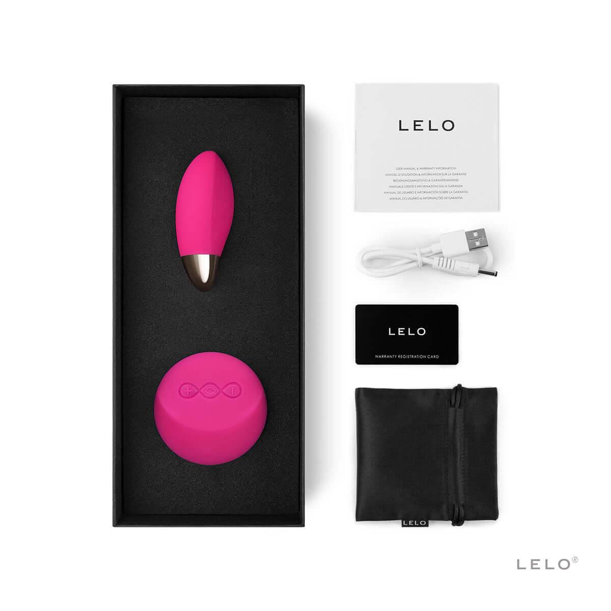 LELO LYLA 2 Remote Control Vibrating Egg Cerise inside the box with charger and accessories.
