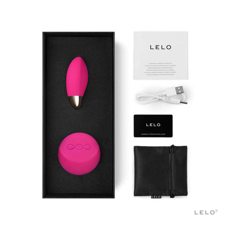 LELO LYLA 2 Remote Control Vibrating Egg Cerise inside the box with charger and accessories.