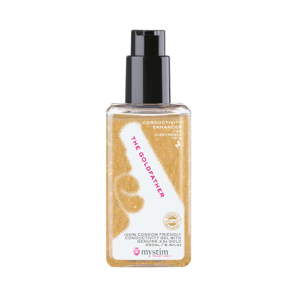 Mystim The Goldfather Conductivity Enhancer 8.4 Oz bottle with gold gel for optimized electrostimulation.