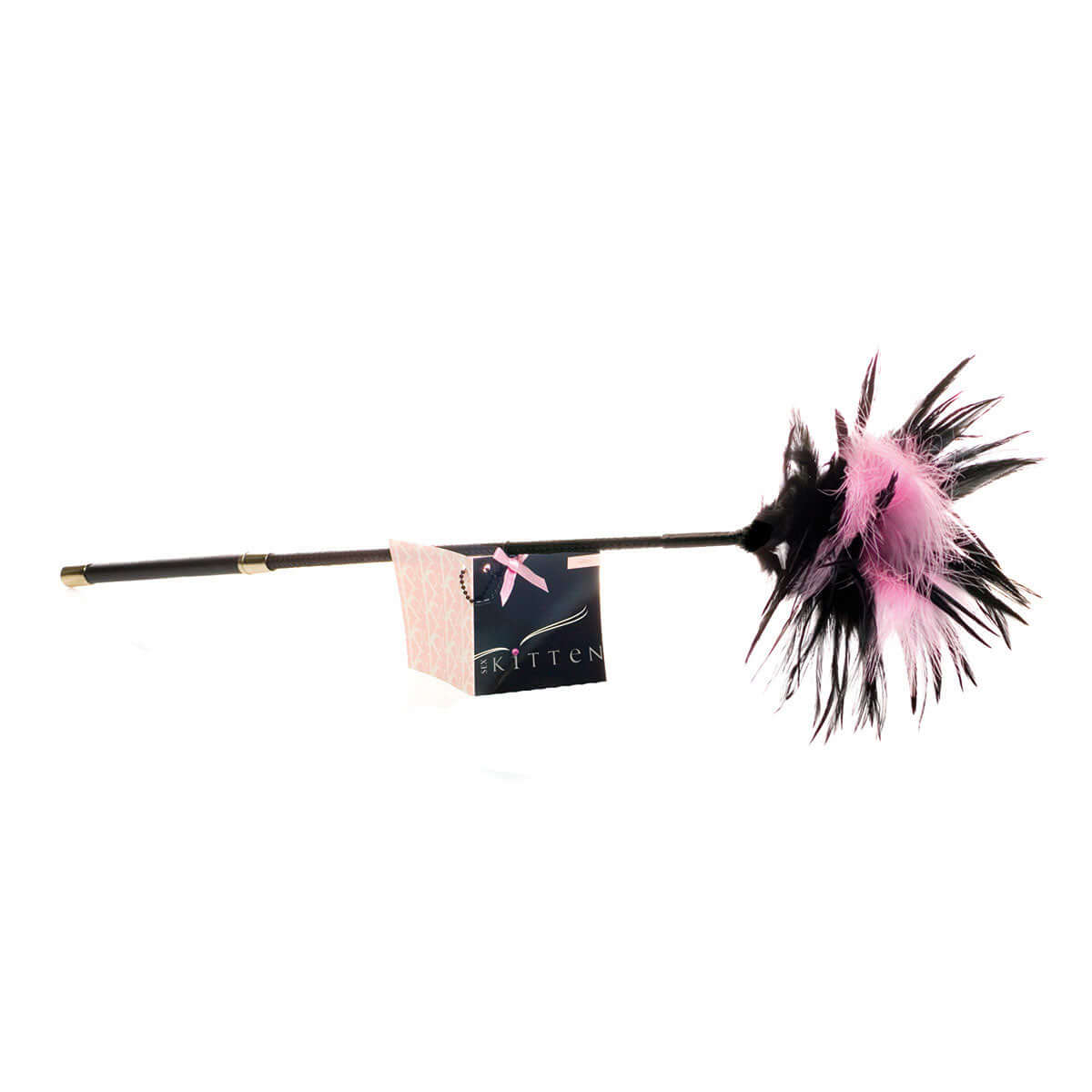 Sex Kitten Feather Tickler with soft pink and black feathers, designed for playful sensation and teasing.